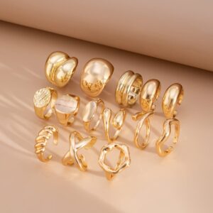 Geometric 14pcs Gold Silver Plated Glossy Hollow Cross Ring Set - ArtGalleryZen