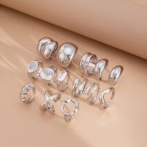 Geometric 14pcs Gold Silver Plated Glossy Hollow Cross Ring Set - ArtGalleryZen