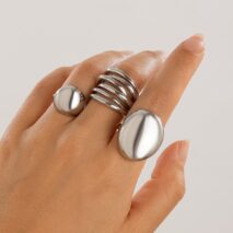 Geometric 3Pcs Chunky Glossy Hollow Ring Set - ArtGalleryZen