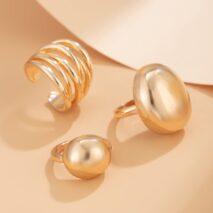Geometric 3Pcs Chunky Glossy Hollow Ring Set - ArtGalleryZen
