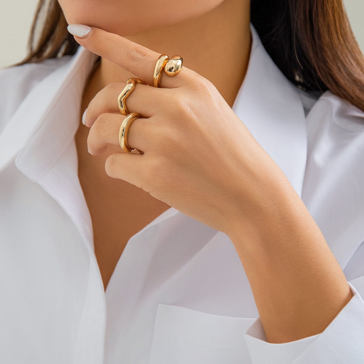 Geometric 3pcs Gold Plated Waterdrop Open Ring Set - ArtGalleryZen