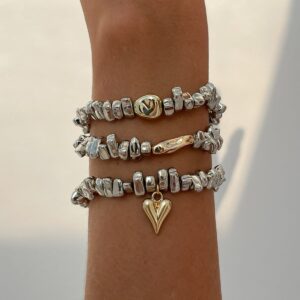 Geometric 3pcs Heart Charm Irregular Beaded Bracelet Set - ArtGalleryZen