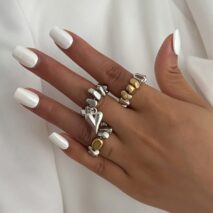 Geometric 3pcs Heart Charm Irregular Beaded Ring Set - ArtGalleryZen
