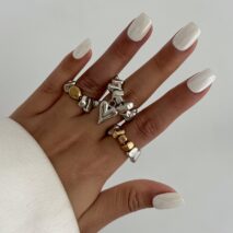 Geometric 3pcs Heart Charm Irregular Beaded Ring Set - ArtGalleryZen