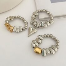 Geometric 3pcs Heart Charm Irregular Beaded Ring Set - ArtGalleryZen