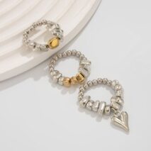 Geometric 3pcs Heart Charm Irregular Beaded Ring Set - ArtGalleryZen