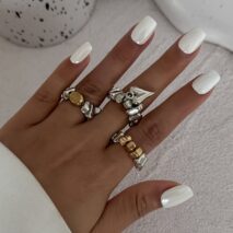Geometric 3pcs Heart Charm Irregular Beaded Ring Set - ArtGalleryZen