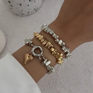 Geometric 3pcs Two Tone Heart Charm Irregular Beaded Bracelet Set - ArtGalleryZen