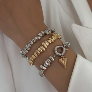 Geometric 3pcs Two Tone Heart Charm Irregular Beaded Bracelet Set - ArtGalleryZen