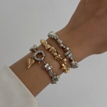 Geometric 3pcs Two Tone Heart Charm Irregular Beaded Bracelet Set - ArtGalleryZen