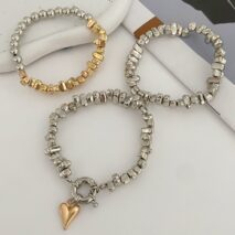 Geometric 3pcs Two Tone Heart Charm Irregular Beaded Bracelet Set - ArtGalleryZen