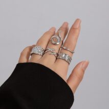 Geometric 5Pcs Chunky Hammered Stackable Open Ring Set - ArtGalleryZen