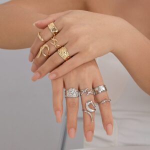 Geometric 5Pcs Chunky Hammered Stackable Open Ring Set - ArtGalleryZen