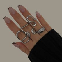 Geometric 5pcs Hollow Curved Pattern Stackable Ring Set - ArtGalleryZen