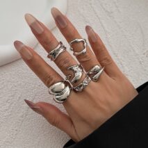 Geometric 6pcs Irregular Curved Waterdrop Open Ring Set - ArtGalleryZen