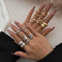 Geometric 6pcs Irregular Curved Waterdrop Open Ring Set - ArtGalleryZen
