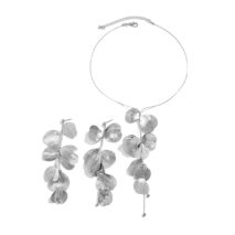 Geometric Abstract Gold Silver Tone Leaf Pendant Earrings Necklace Set - ArtGalleryZen