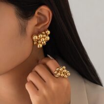 Geometric Chunky Irregular Beads Earrings Ring Set - ArtGalleryZen