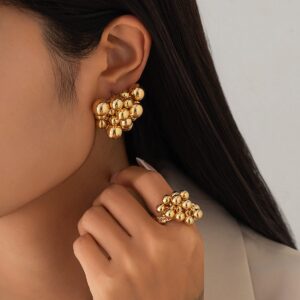 Geometric Chunky Irregular Beads Earrings Ring Set - ArtGalleryZen