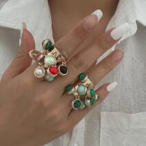 Geometric Chunky Malachite Crystal Pearl Inlaid Tassel Open Ring - ArtGalleryZen