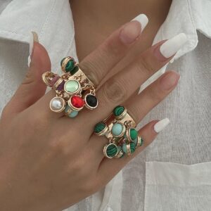 Geometric Chunky Malachite Crystal Pearl Inlaid Tassel Open Ring - ArtGalleryZen