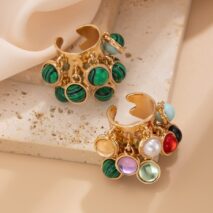 Geometric Chunky Malachite Crystal Pearl Inlaid Tassel Open Ring - ArtGalleryZen