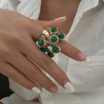 Geometric Chunky Malachite Crystal Pearl Inlaid Tassel Open Ring - ArtGalleryZen