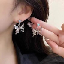 Geometric Crystal Inlaid Dangling Butterfly Earrings - ArtGalleryZen