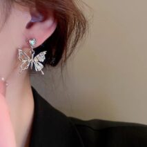 Geometric Crystal Inlaid Dangling Butterfly Earrings - ArtGalleryZen