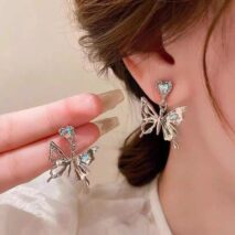Geometric Crystal Inlaid Dangling Butterfly Earrings - ArtGalleryZen