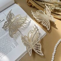 Geometric Crystal Pearl Inlaid Butterfly Chignon Claw Clip Hair Clip - ArtGalleryZen