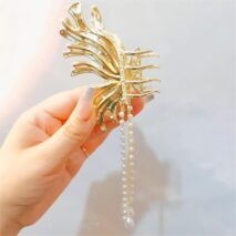 Geometric CZ Inlaid Pearl Chain Tassel Butterfly Chignon Claw Clip Hair Clip - ArtGalleryZen
