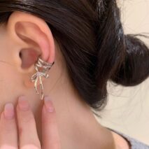 Geometric CZ Inliad Ribbon Bowknot Ear Wrap Earrings - ArtGalleryZen