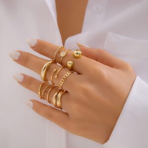 Geometric Gold Plated Twisted Waterdrop Round Disk Ball Open Ring Set - ArtGalleryZen