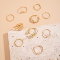 Geometric Gold Plated Twisted Waterdrop Round Disk Ball Open Ring Set - ArtGalleryZen