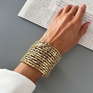 Geometric Gold Silver Square Beaded Bracelet Layered Two Tone - ArtGalleryZen