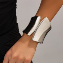 Geometric Gold Silver Tone Glossy Wide Cuff Bangle Bracelet - ArtGalleryZen