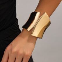 Geometric Gold Silver Tone Glossy Wide Cuff Bangle Bracelet - ArtGalleryZen