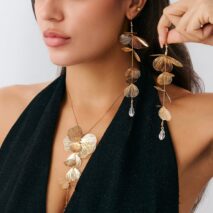 Geometric Gold Silver Tone Leaf Crystal Pendant Y Necklace Earrings Set - ArtGalleryZen