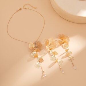 Geometric Gold Silver Tone Leaf Crystal Pendant Y Necklace Earrings Set - ArtGalleryZen