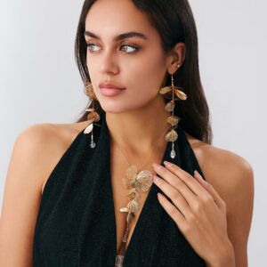 Geometric Gold Silver Tone Leaf Crystal Pendant Y Necklace Earrings Set - ArtGalleryZen