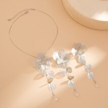 Geometric Gold Silver Tone Leaf Crystal Pendant Y Necklace Earrings Set - ArtGalleryZen