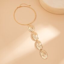 Geometric Textured Irregular Oval Disk Charm Collar Choker Y Necklace - ArtGalleryZen