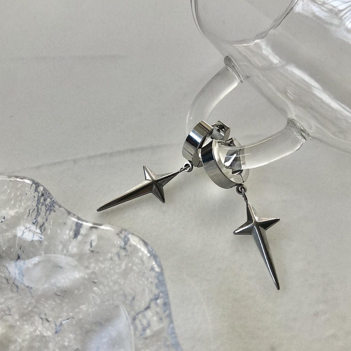 Geometric Titanium Steel Polar Star Ear Cuff Clip On Huggie Hoop Dangle Earrings - ArtGalleryZen