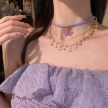 Glitter Layered Butterfly Shell Rhinestone Tassel Wax Cord Necklace - ArtGalleryZen