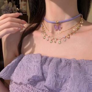 Glitter Layered Butterfly Shell Rhinestone Tassel Wax Cord Necklace - ArtGalleryZen