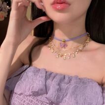 Glitter Layered Butterfly Shell Rhinestone Tassel Wax Cord Necklace - ArtGalleryZen