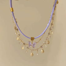 Glitter Layered Butterfly Shell Rhinestone Tassel Wax Cord Necklace - ArtGalleryZen