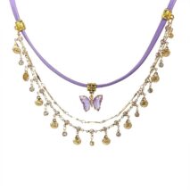 Glitter Layered Butterfly Shell Rhinestone Tassel Wax Cord Necklace - ArtGalleryZen