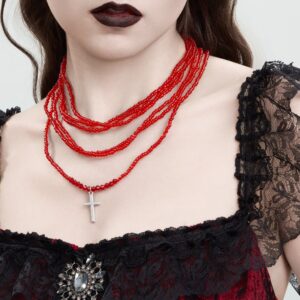 Gothic 2Pcs Crystal Beaded Cross Pendant Necklace Set - ArtGalleryZen